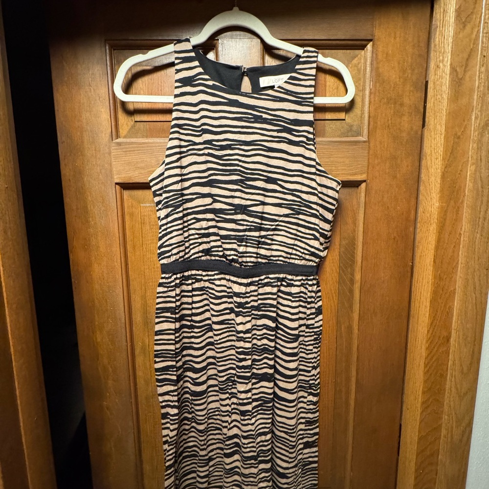 LOFT Black and Tan Zebra Print Midi Dress